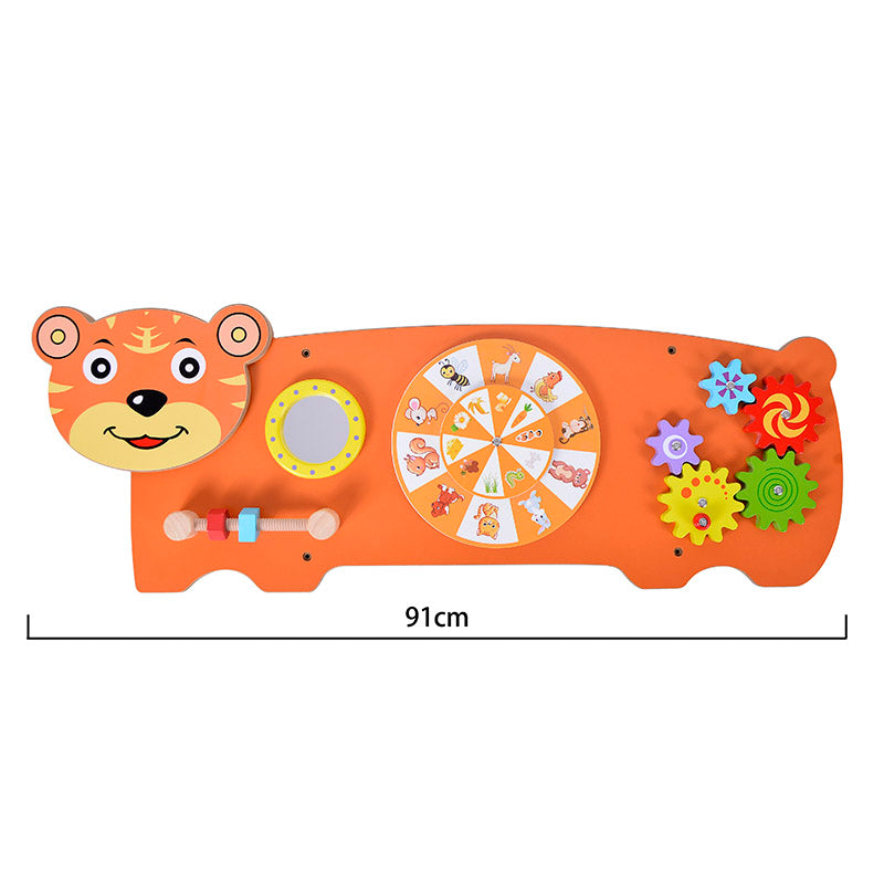 Wall-Mounted Wooden Busy Board – Tiger Theme (91cm)